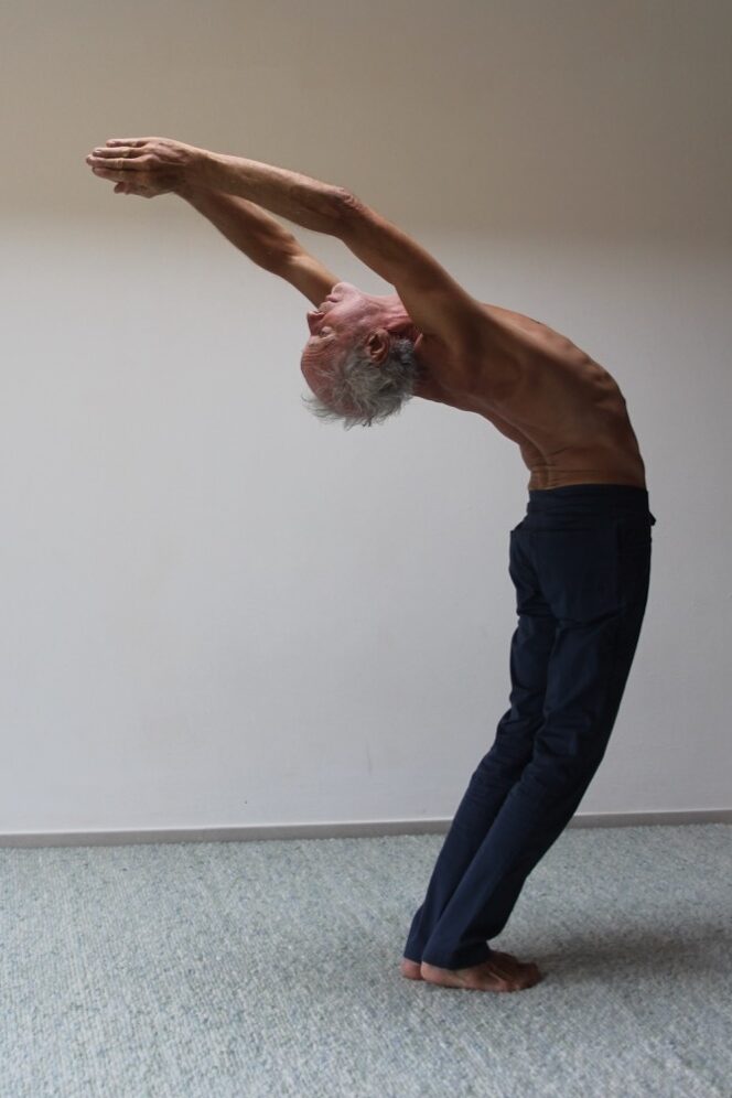 Foto von Ardha Chandrasana mit aufgerichteter Vertikale und weiter Armlinie.
